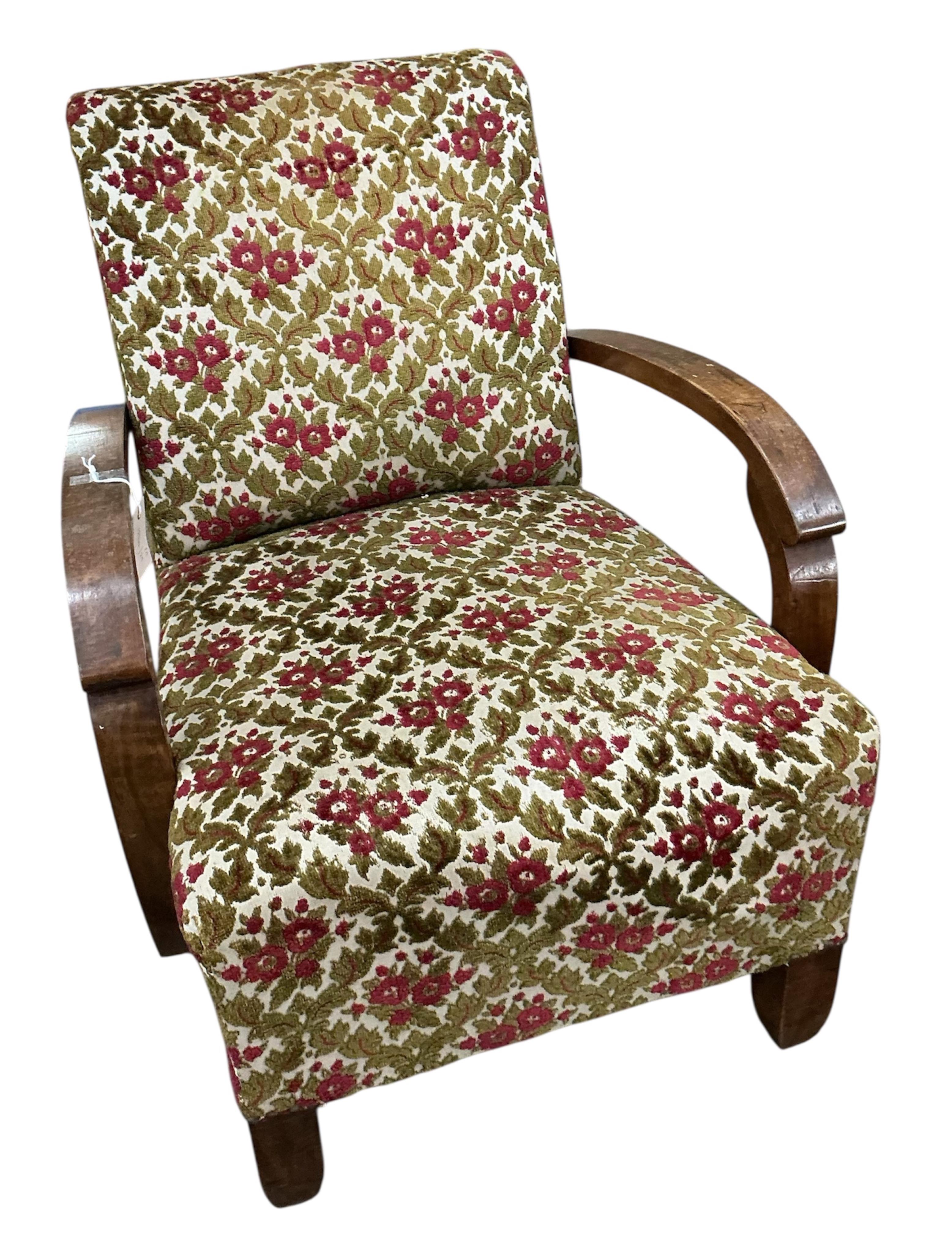 A pair of French Art Deco walnut armchairs, width 65cm, depth 74cm, height 80cm